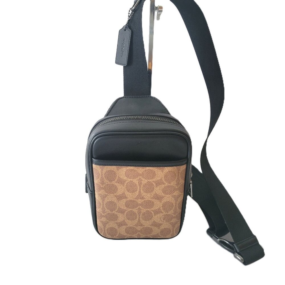 Coach CCO68 Small Turner Sling Pack Signature Messenger Bag Tan Black Bag